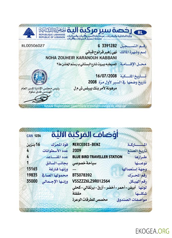 Carte d'immatriculation du Liban